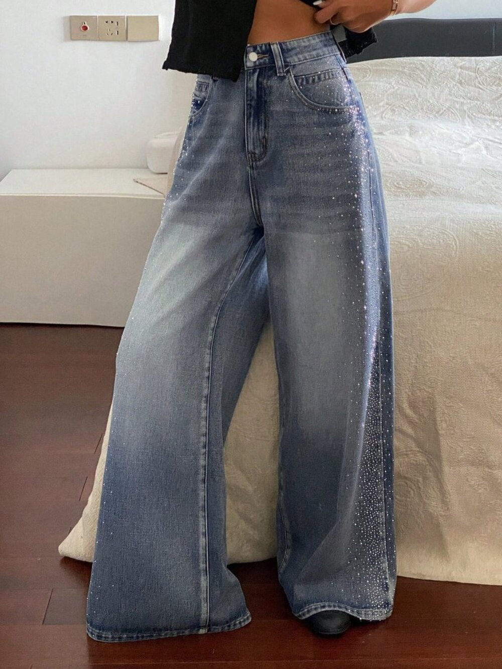 Blue Casual Women's Rhinestone Decor Wide Leg Jeans